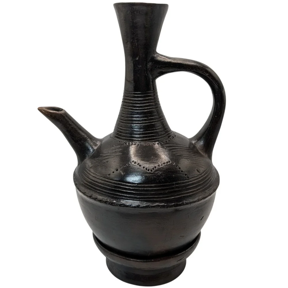 Vintage Ethiopian Jebena Pot Handmade with Stand Black Clay Coffee Pot Two Piece